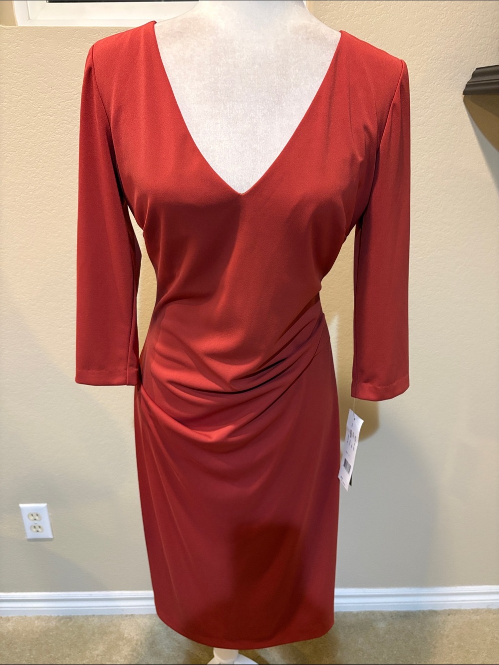 Elegant V-Neck Women’s Dress with Draped Waist in Rust-Size 8
